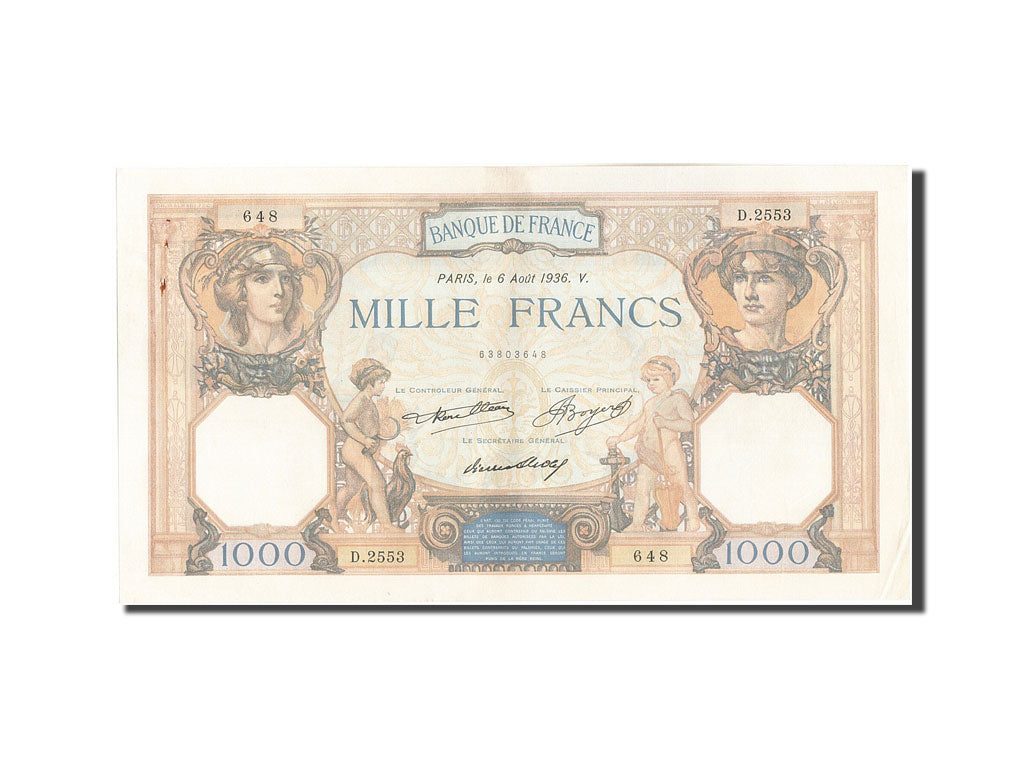 Banconote, Francia, 1000 Francs, 1 000 F 1927-1940 ''Cérès et Mercure'', 1936