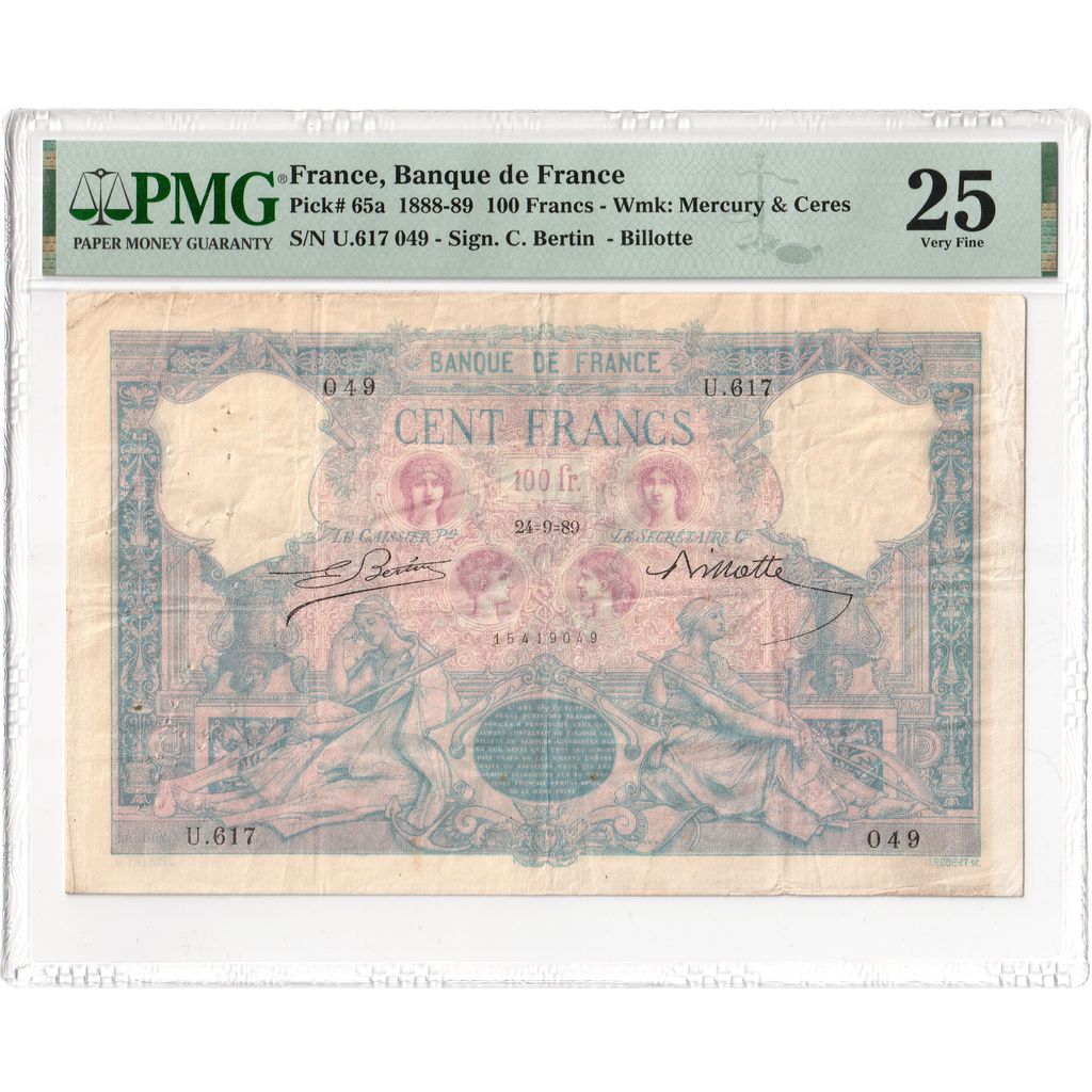 France, 100 Francs, Bleu et Rose, 1989-09-24, U.617, VF 25, PMG
