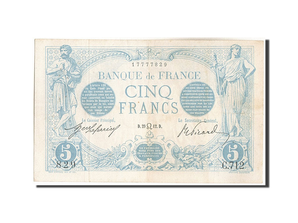 Banconote, Francia, 5 Francs, 5 F 1912-1917 ''Bleu'', 1912, 1912-07-29, BB+