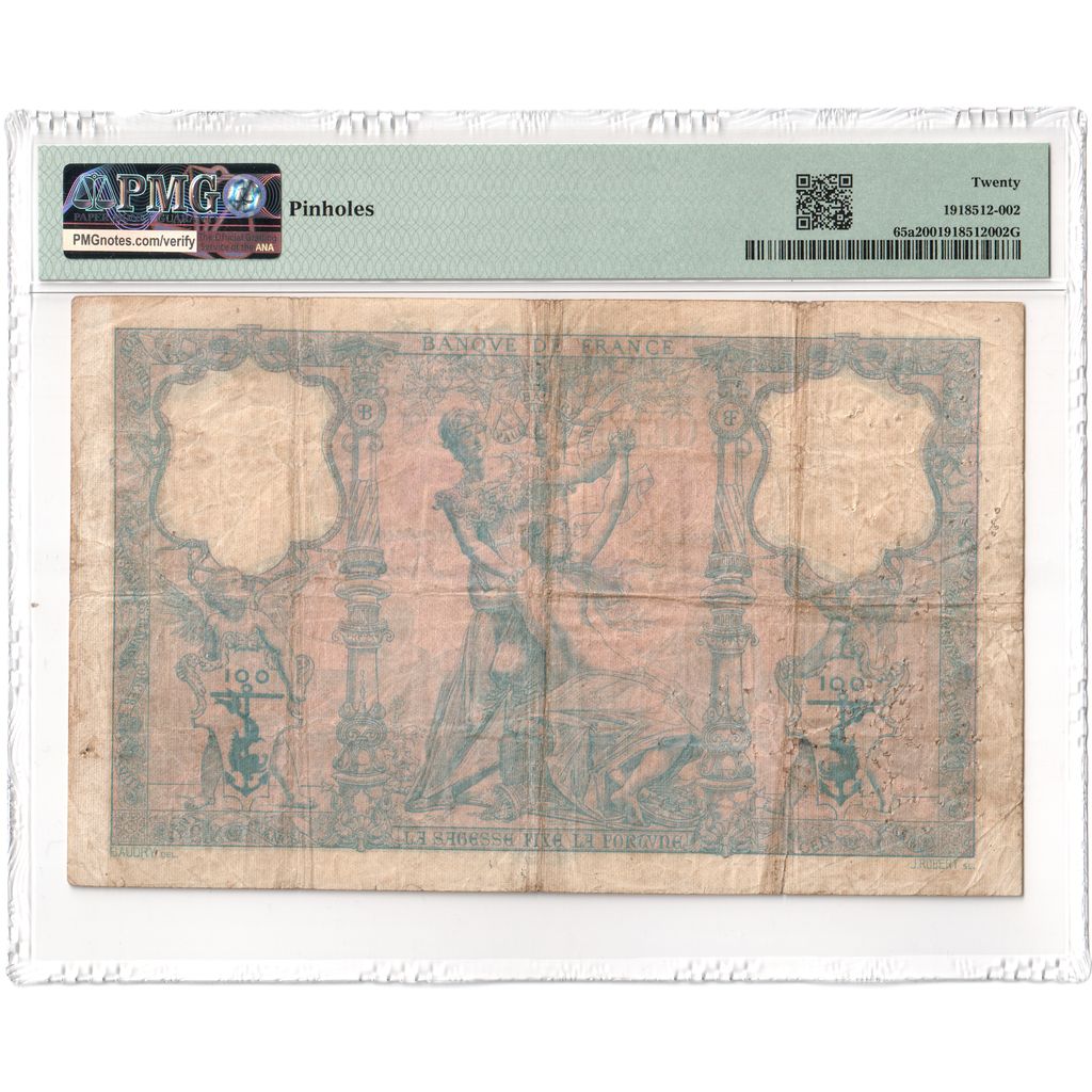 France, 100 Francs, Bleu et Rose, 1889-12-16, R.687, VF 20, PMG