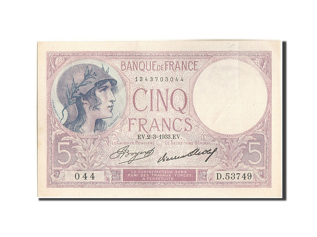 Banknote, France, 5 Francs, 5 F 1917-1940 ''Violet'', 1933, 1933-03-02