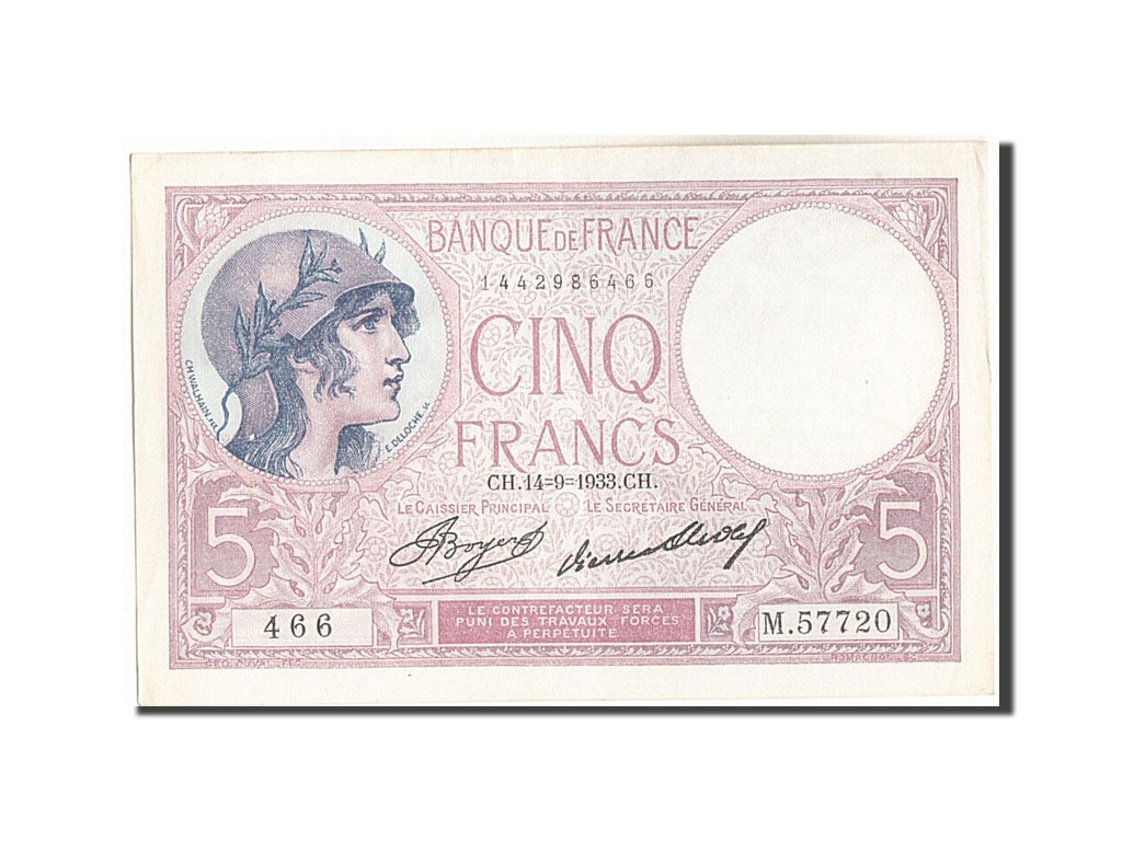 Banknote, France, 5 Francs, 5 F 1917-1940 ''Violet'', 1933, 1933-09-14, UNC(63)