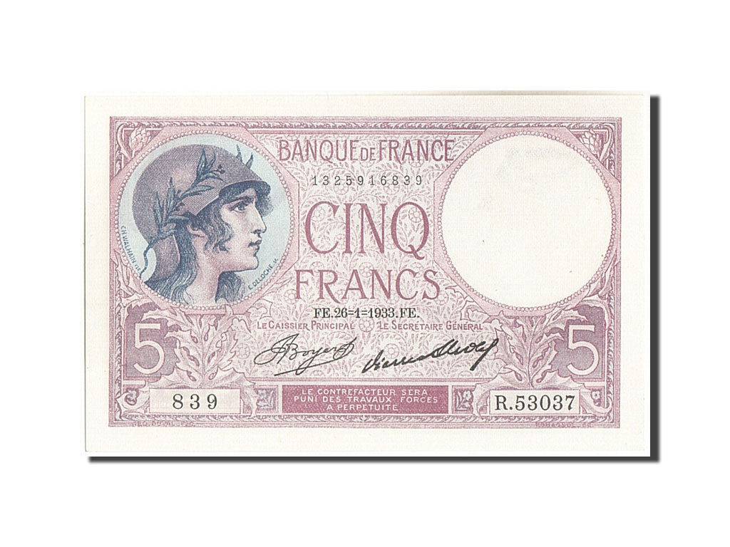Banknote, France, 5 Francs, 5 F 1917-1940 ''Violet'', 1933, 1933-01-26, UNC(63)