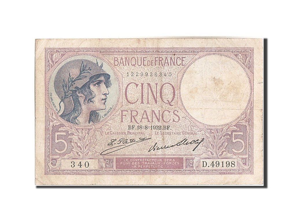 Banknote, France, 5 Francs, 5 F 1917-1940 ''Violet'', 1932, 1932-08-18