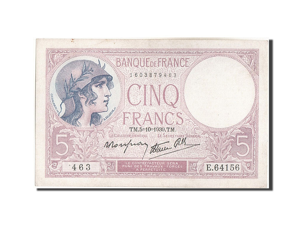 Billete, Francia, 5 Francs, 5 F 1917-1940 ''Violet'', 1939, 1939-10-05, MBC+