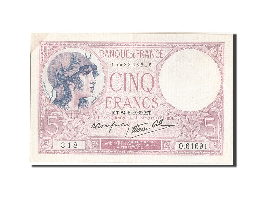 Banknote, France, 5 Francs, 5 F 1917-1940 ''Violet'', 1939, 1939-08-24