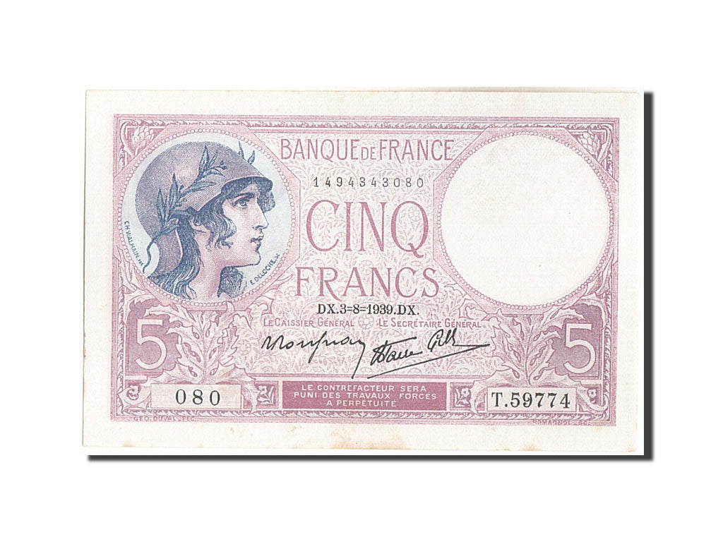 Billete, Francia, 5 Francs, 5 F 1917-1940 ''Violet'', 1939, 1939-08-03, EBC+