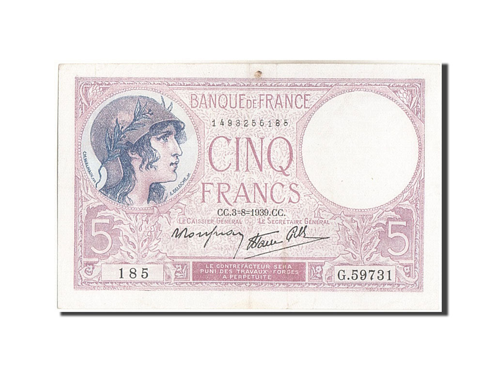 Banknote, France, 5 Francs, 5 F 1917-1940 ''Violet'', 1939, 1939-08-03