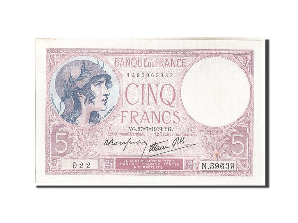 Banknote, France, 5 Francs, 1939, 1939-07-27, UNC(63), Fayette:4.3, KM:83