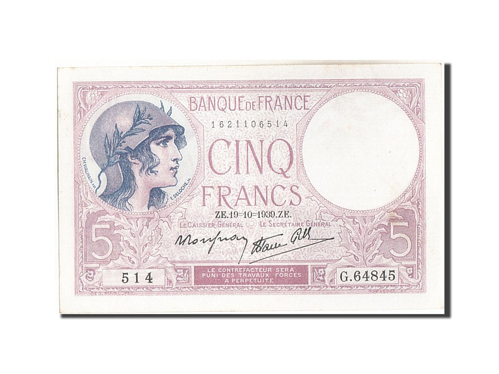Banknot, Francja, 5 Francs, Violet, 1939, 1939-10-19, UNC(63), Fayette:4.12
