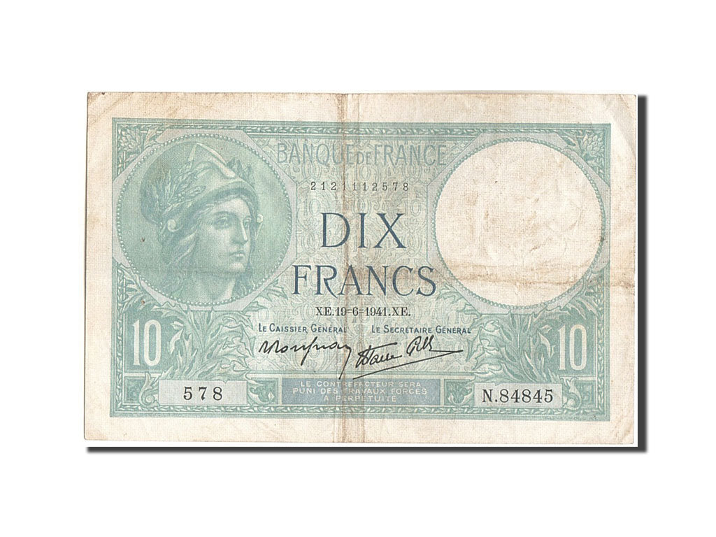 Geldschein, Frankreich, 10 Francs, 10 F 1916-1942 ''Minerve'', 1941, 1941-06-19