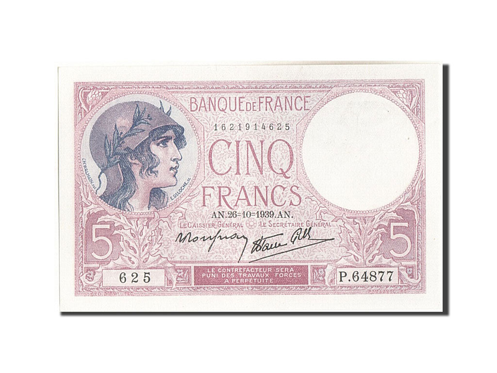 Banknot, Francja, 5 Francs, Violet, 1939, 1939-10-26, UNC(60-62), Fayette:4.13