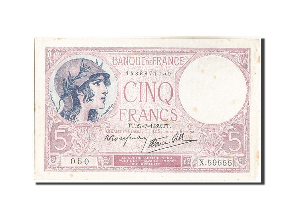 Billete, Francia, 5 Francs, 5 F 1917-1940 ''Violet'', 1939, 1939-07-27, MBC