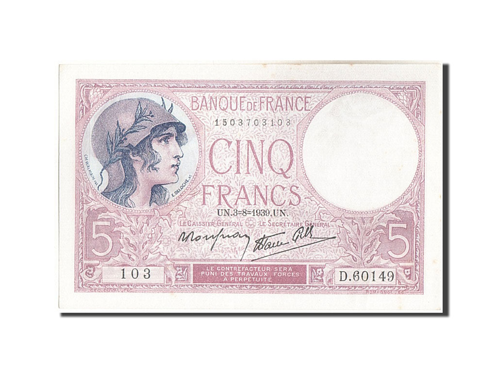 Banknote, France, 5 Francs, 5 F 1917-1940 ''Violet'', 1939, 1939-08-03