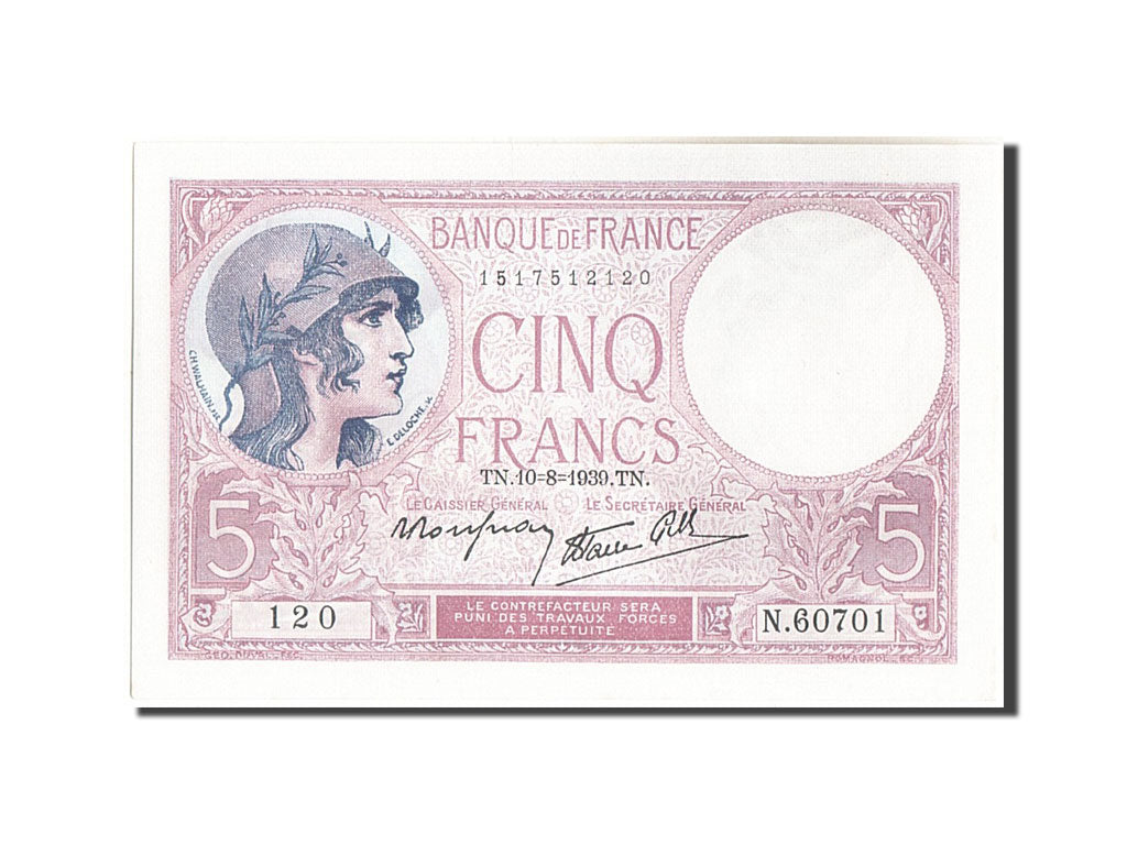Banknot, Francja, 5 Francs, Violet, 1939, 1939-08-10, UNC(64), Fayette:4.5
