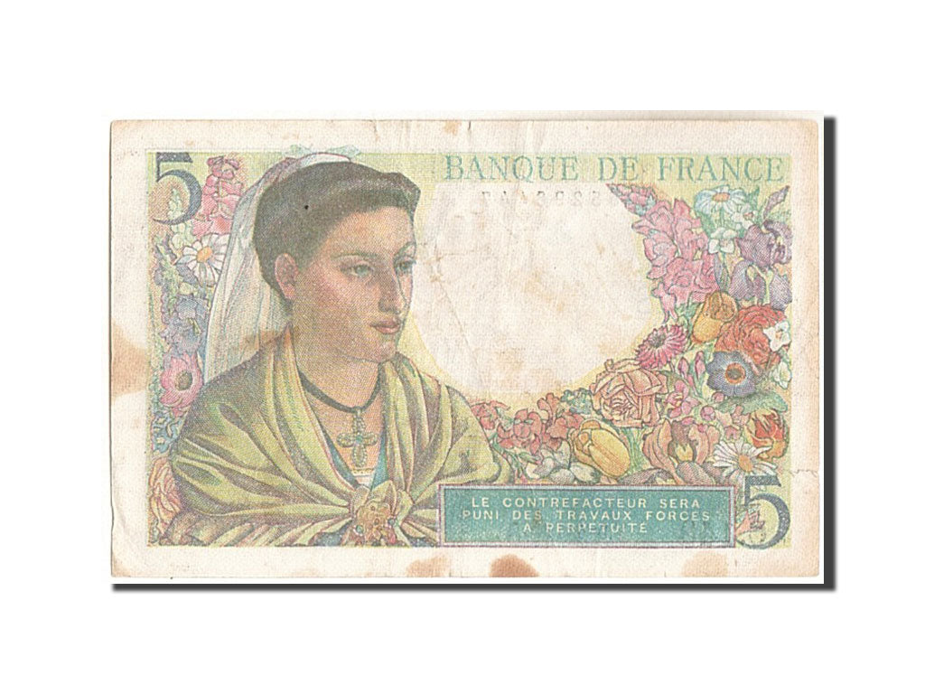 Banconote, Francia, 5 Francs, 5 F 1943-1947 ''Berger'', 1945, 1945-04-05, MB+
