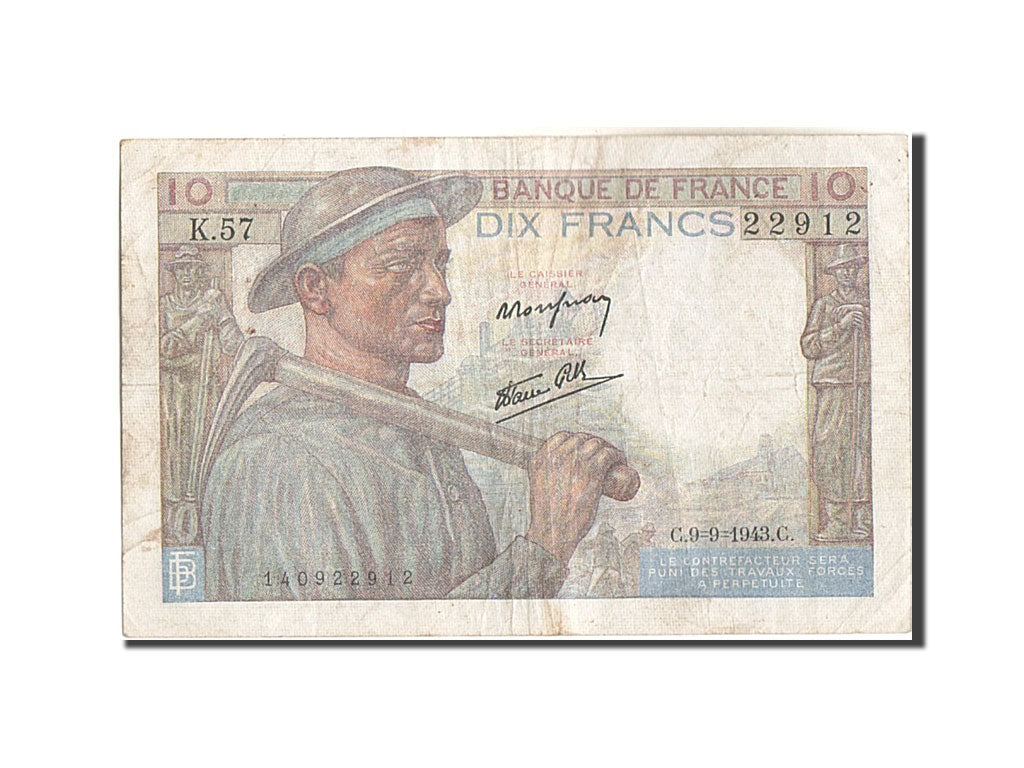 Banknote, France, 10 Francs, 10 F 1941-1949 ''Mineur'', 1943, 1943-09-09