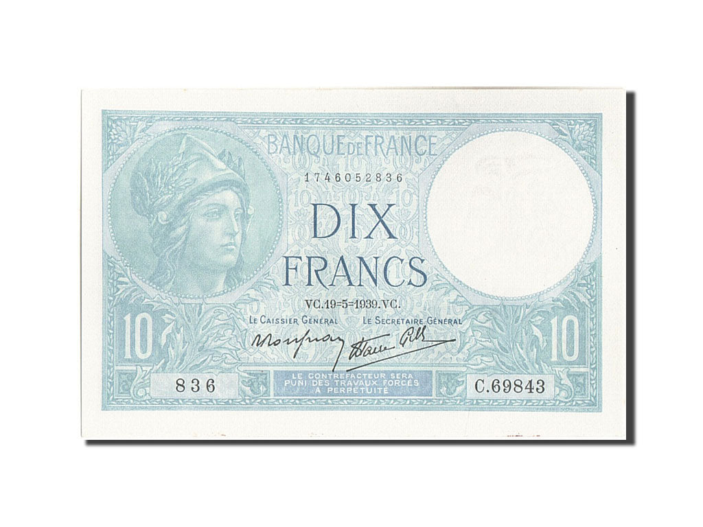Biljet, Frankrijk, 10 Francs, 10 F 1916-1942 ''Minerve'', 1939, 1939-05-19