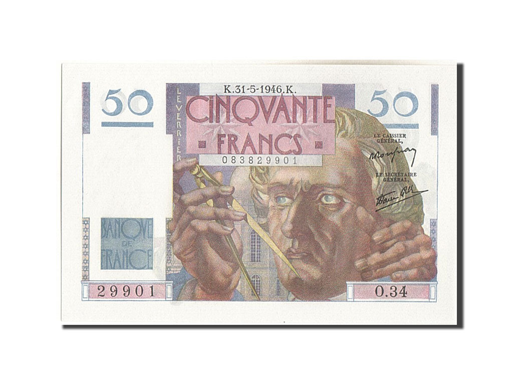Geldschein, Frankreich, 50 Francs, 50 F 1946-1951 ''Le Verrier'', 1946