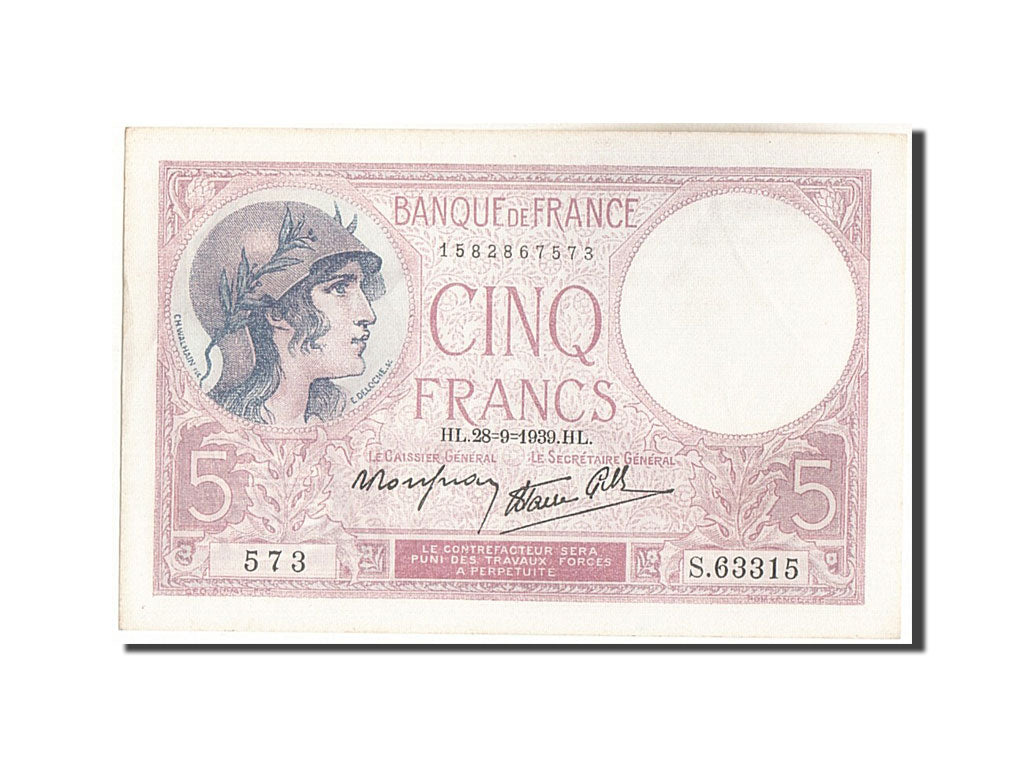 Billete, Francia, 5 Francs, 5 F 1917-1940 ''Violet'', 1939, 1939-09-28, SC+