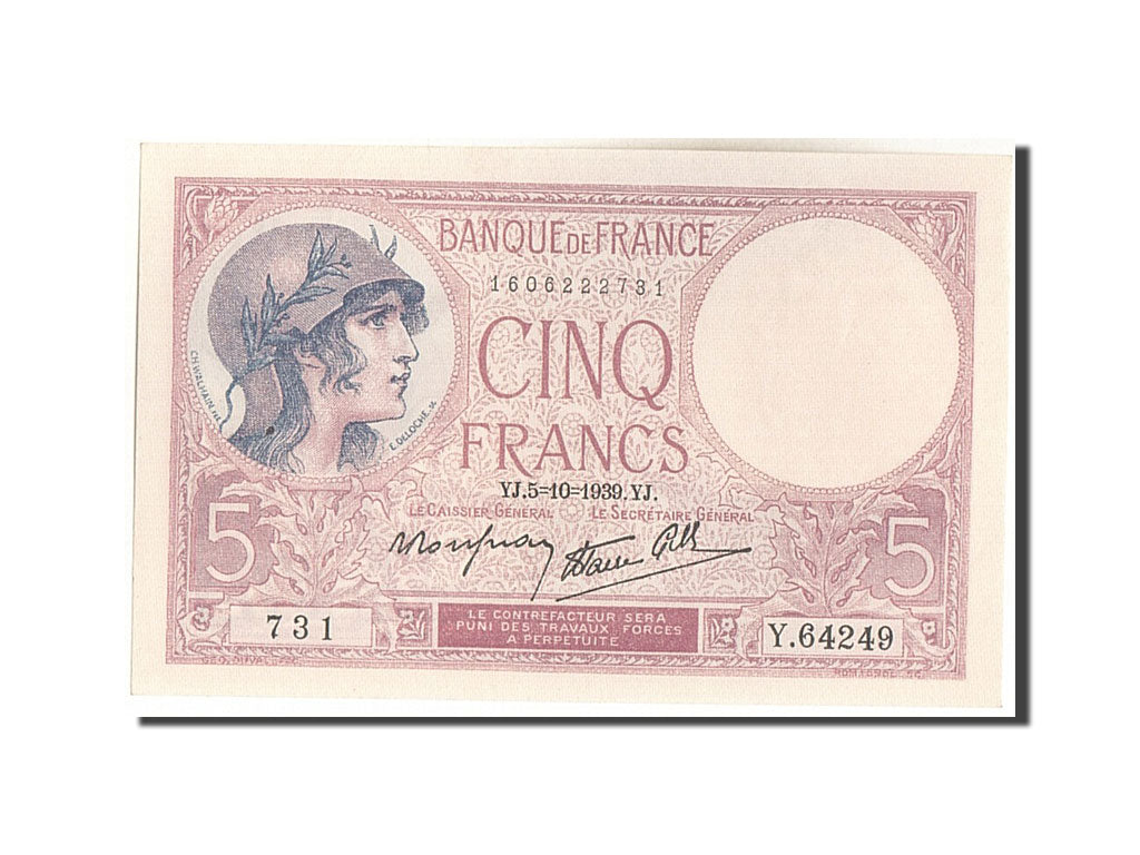 Billete, Francia, 5 Francs, 5 F 1917-1940 ''Violet'', 1939, 1939-10-05, UNC