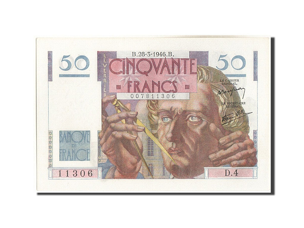 Geldschein, Frankreich, 50 Francs, 50 F 1946-1951 ''Le Verrier'', 1946