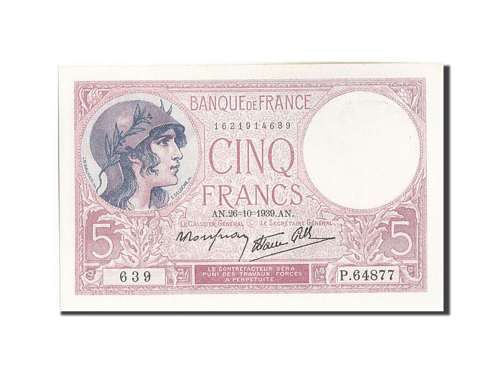 Banknote, France, 5 Francs, 5 F 1917-1940 ''Violet'', 1939, 1939-10-26, UNC(63)