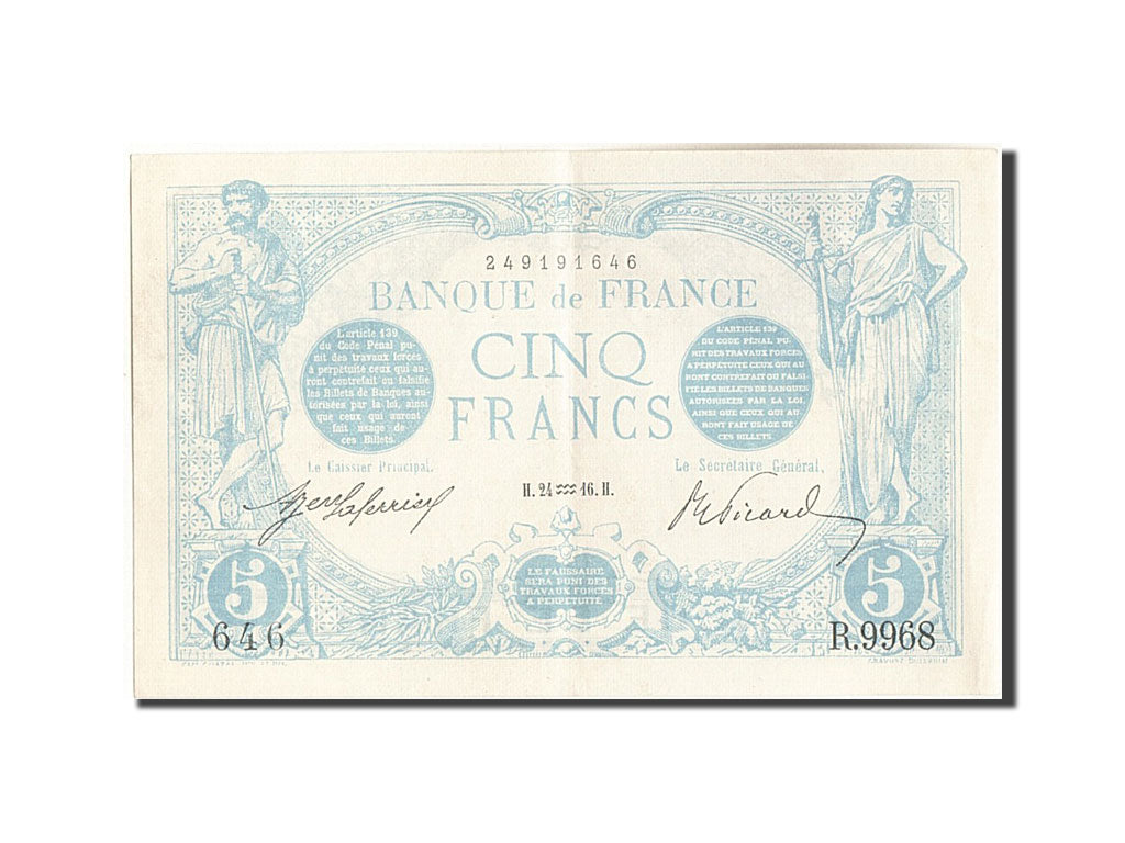 Banconote, Francia, 5 Francs, 5 F 1912-1917 ''Bleu'', 1916, 1916-01-24, SPL