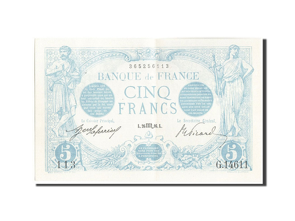 Billet, France, 5 Francs, 5 F 1912-1917 ''Bleu'', 1916, 1916-10-26, SUP+