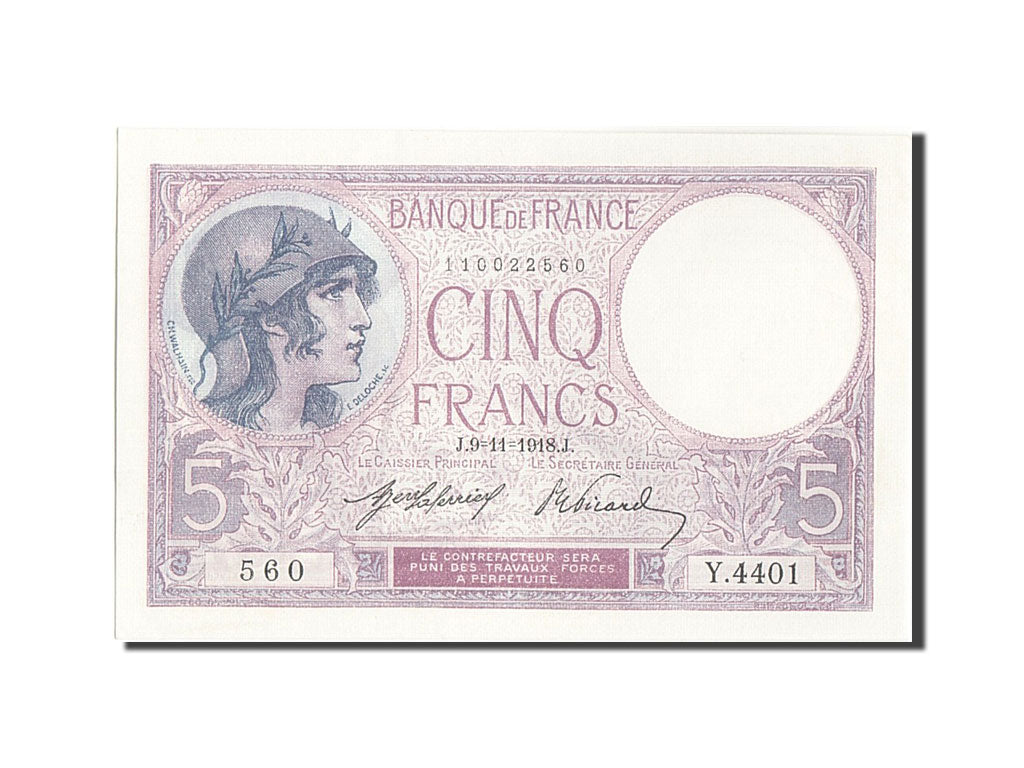 Banconote, Francia, 5 Francs, 5 F 1917-1940 ''Violet'', 1918, 1918-11-09, SPL