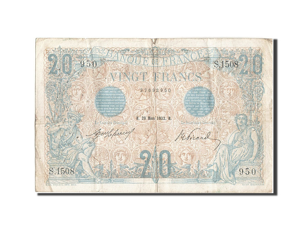 Banknote, France, 20 Francs, 20 F 1905-1913 ''Bleu'', 1912, 1912-03-20