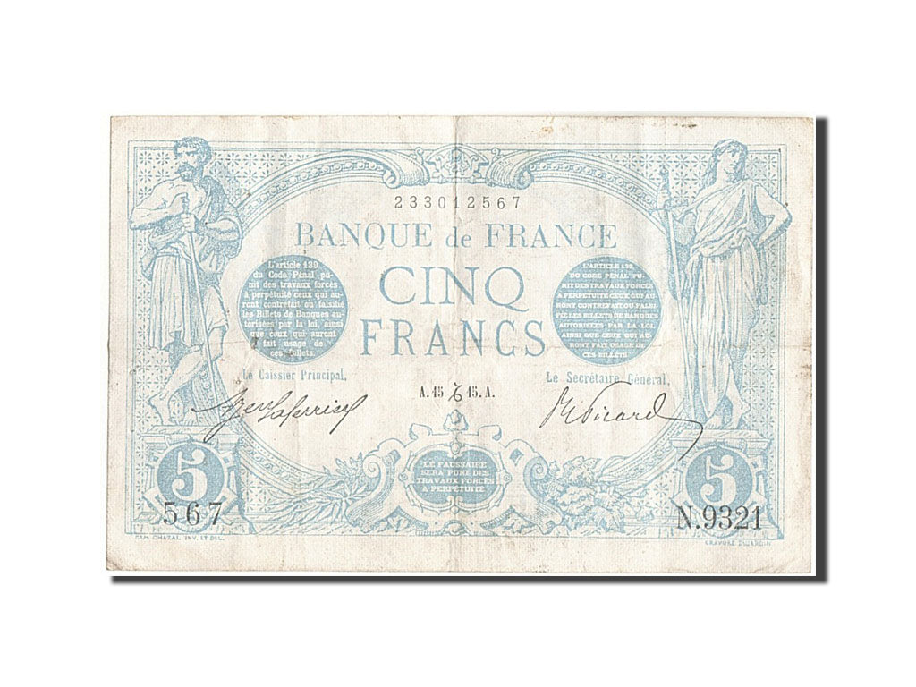 Banconote, Francia, 5 Francs, 5 F 1912-1917 ''Bleu'', 1915, 1915-12-15, BB