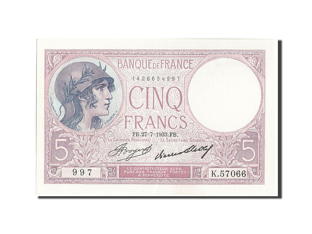Banknote, France, 5 Francs, 5 F 1917-1940 ''Violet'', 1933, 1933-07-27