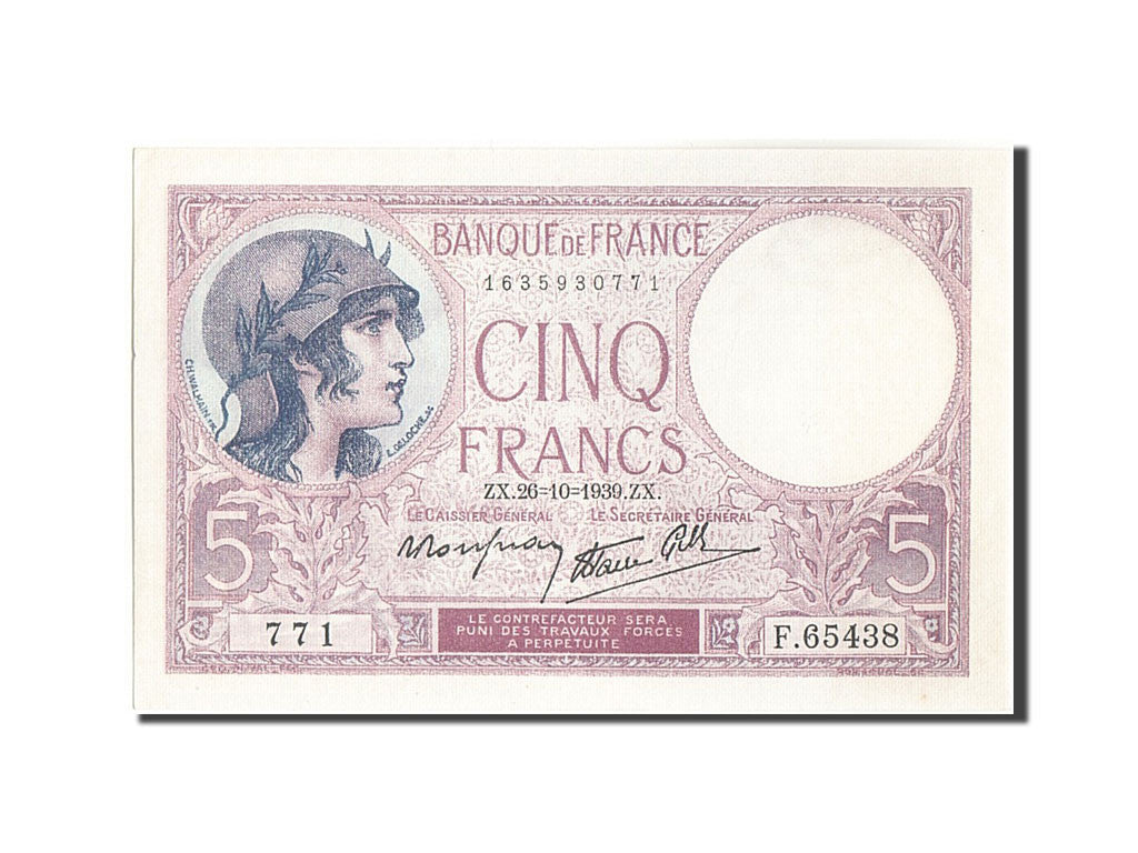 Banknot, Francja, 5 Francs, Violet, 1939, 1939-10-26, UNC(64), Fayette:4.13