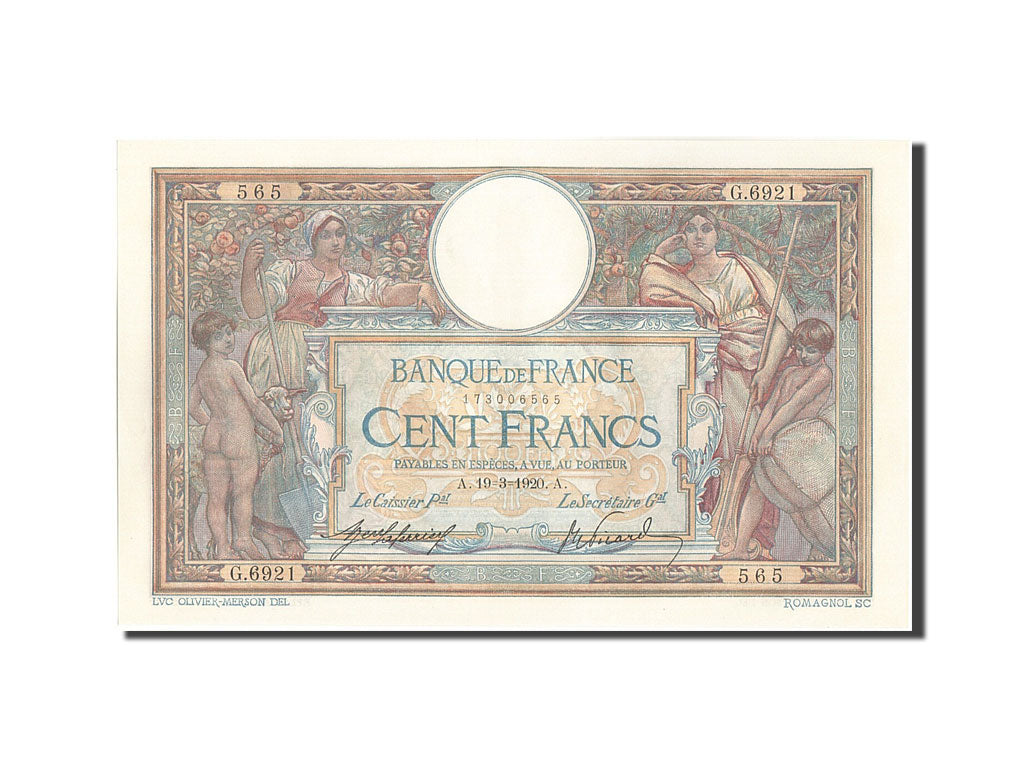 Banconote, Francia, 100 Francs, 100 F 1908-1939 ''Luc Olivier Merson'', 1920