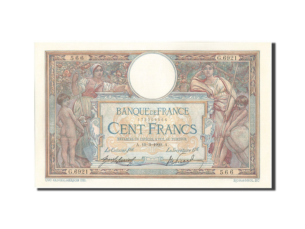 Billete, Francia, 100 Francs, 100 F 1908-1939 ''Luc Olivier Merson'', 1920