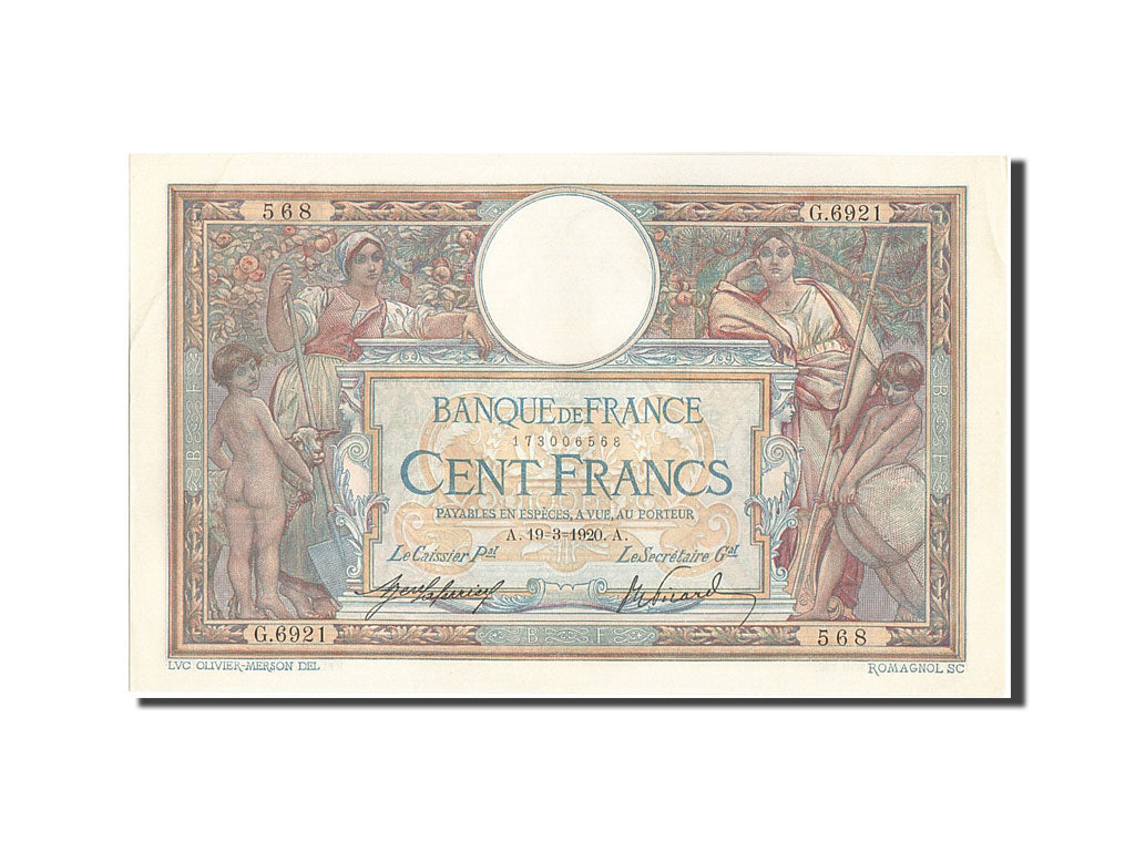 Billete, Francia, 100 Francs, 100 F 1908-1939 ''Luc Olivier Merson'', 1920