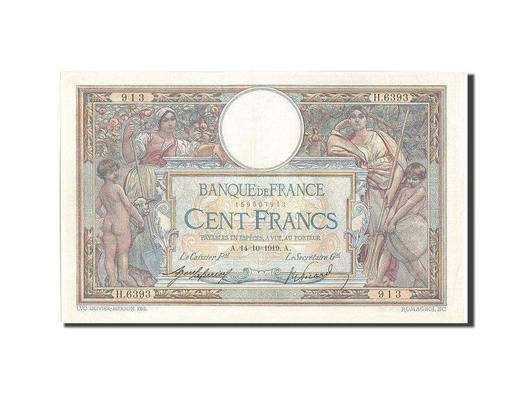 Banconote, Francia, 100 Francs, 100 F 1908-1939 ''Luc Olivier Merson'', 1919
