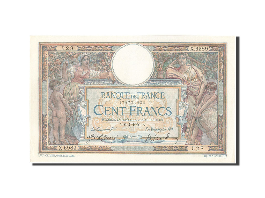 Banconote, Francia, 100 Francs, 100 F 1908-1939 ''Luc Olivier Merson'', 1920