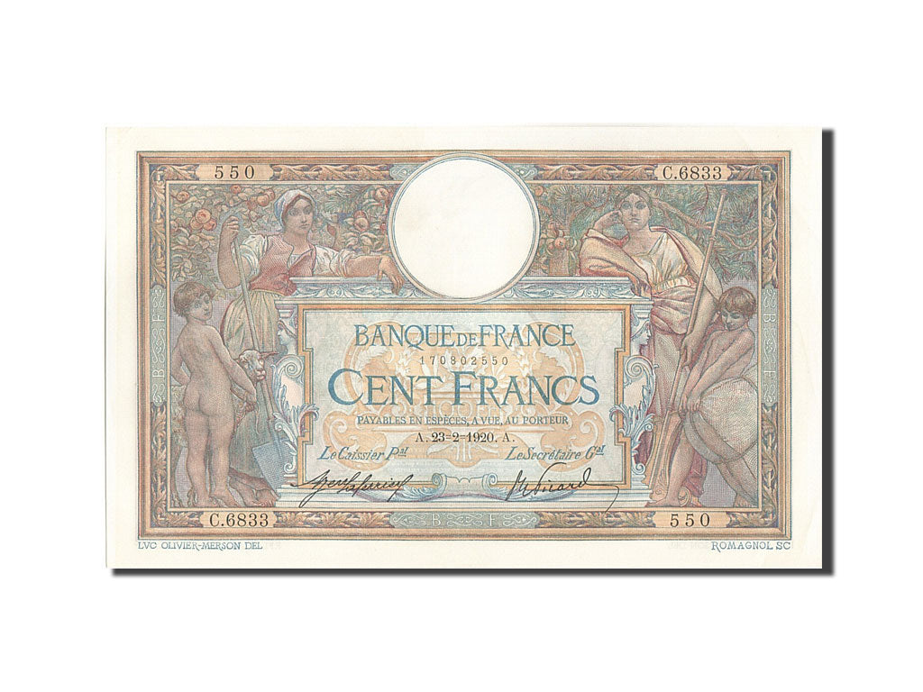 Banknote, France, 100 Francs, 100 F 1908-1939 ''Luc Olivier Merson'', 1920
