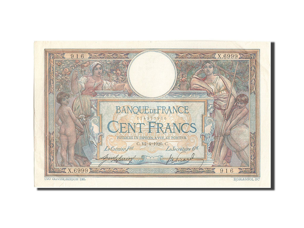 Banknote, France, 100 Francs, 100 F 1908-1939 ''Luc Olivier Merson'', 1920