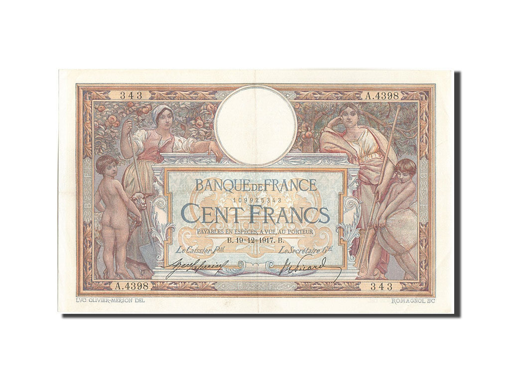 Banknote, France, 100 Francs, 100 F 1908-1939 ''Luc Olivier Merson'', 1917