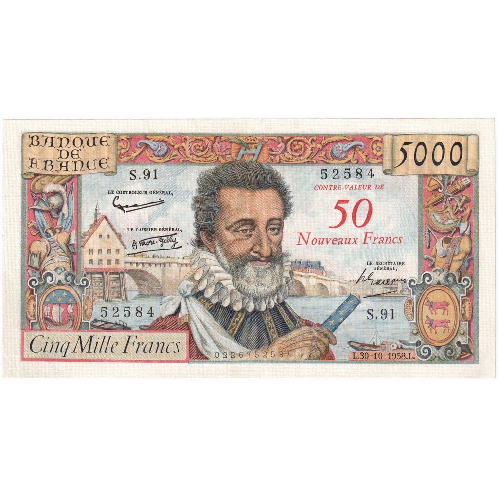 France, 50 Nouveaux Francs on 5000 Francs, Henri IV, 1958-10-30, S.91