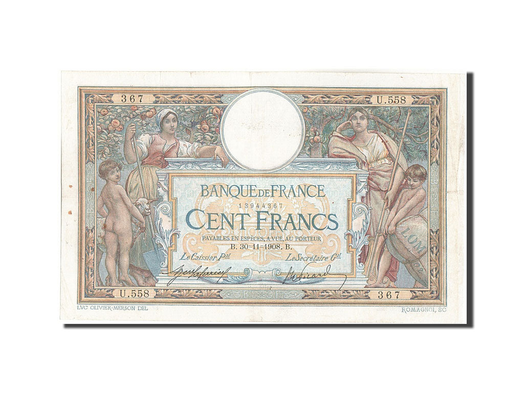 Banknote, France, 100 Francs, 100 F 1908-1939 ''Luc Olivier Merson'', 1908