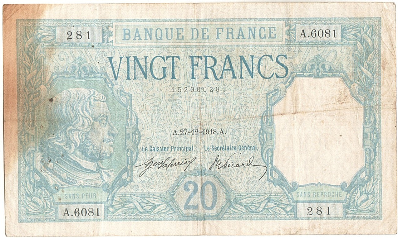Banknote, France, 20 Francs, 20 F 1916-1919 ''Bayard'', 1918, 1918-12-27
