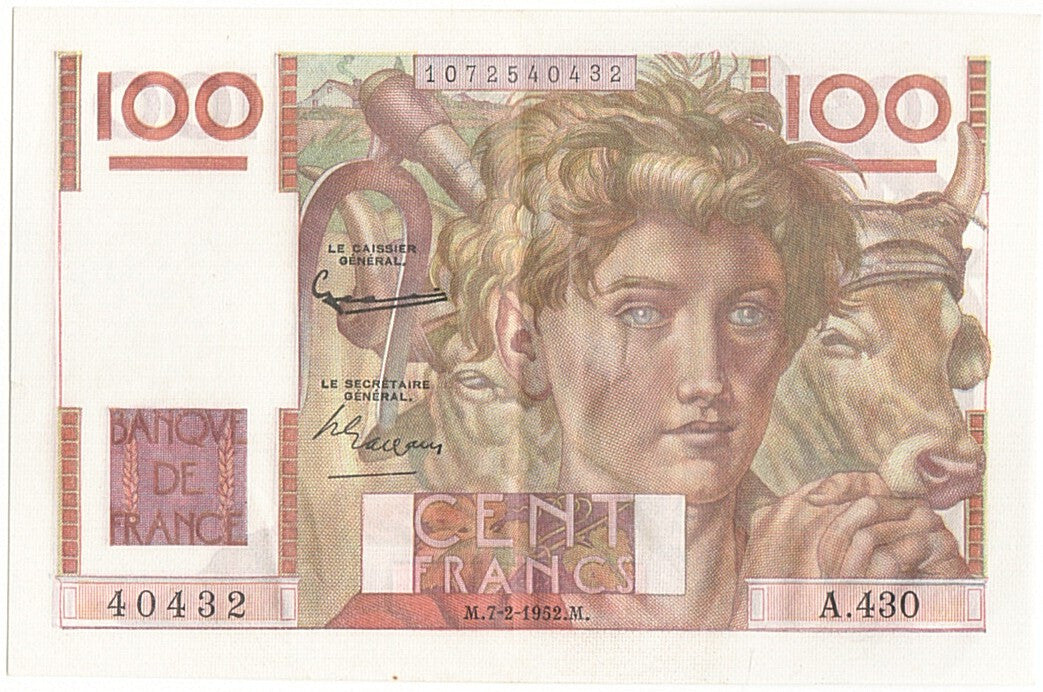 Banknote, France, 100 Francs, 100 F 1945-1954 ''Jeune Paysan'', 1952