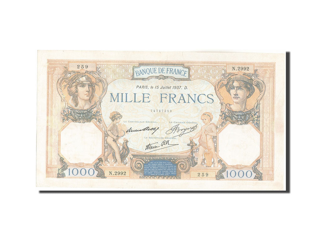 Banknote, France, 1000 Francs, 1 000 F 1927-1940 ''Cérès et Mercure'', 1937