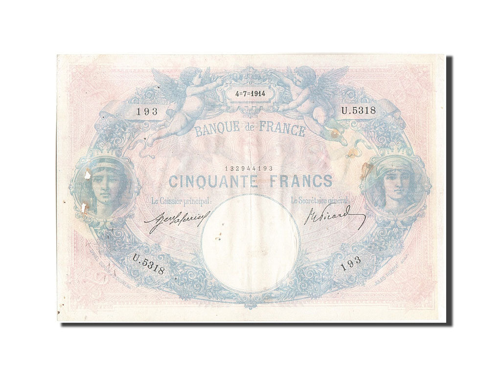 Banknot, Francja, 50 Francs, Bleu et Rose, 1914, 1914-07-04, EF(40-45)