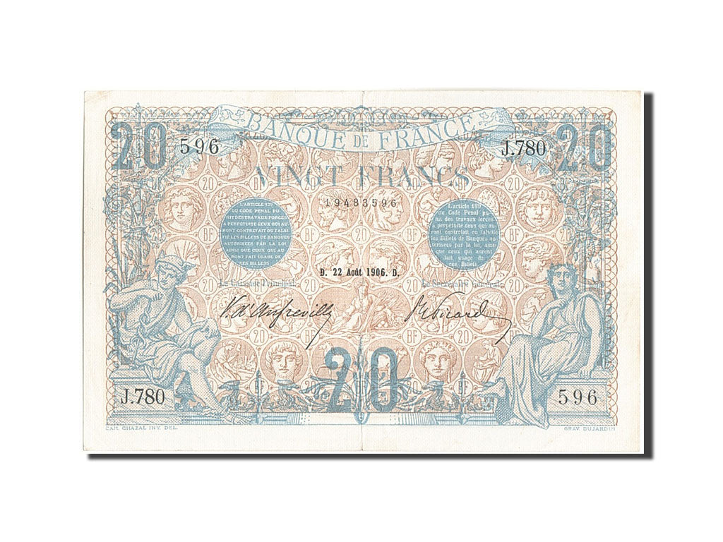 France, 20 Francs, 20 F 1905-1913 ''Bleu'', 1906, KM:68a, 1906-08-22, AU(50-5...