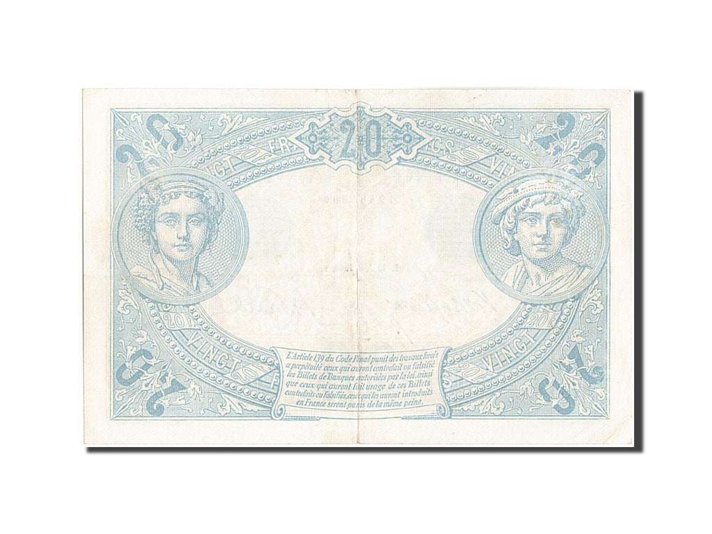 France, 20 Francs, 20 F 1905-1913 ''Bleu'', 1906, KM:68a, 1906-08-22, AU(50-5...